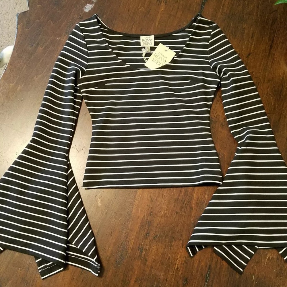 Ronny Kobo Top Cropped Flared  Bell Sleeve Knit Black White striped XS